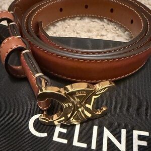 Celine Brown Leather Belt with Gold Triomphe Buckle